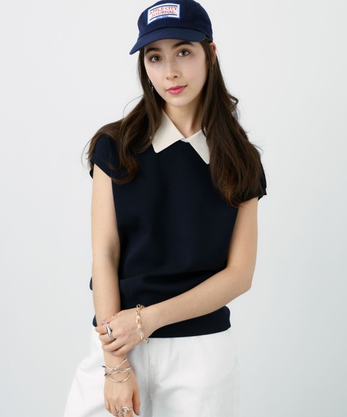 saloon（サルーン）の「SALOON(サルーン)/《再入荷》襟付きGLDボタンフレンチスリーブニット【手洗い可】（ニット/セーター・レディース・ブラック/ネイビー/ライトブルー/その他/オレンジ・FREE）」の4枚目の写真