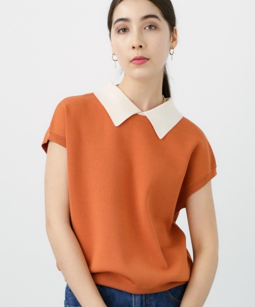 saloon（サルーン）の「SALOON(サルーン)/《再入荷》襟付きGLDボタンフレンチスリーブニット【手洗い可】（ニット/セーター・レディース・ブラック/ネイビー/ライトブルー/その他/オレンジ・FREE）」の5枚目の写真