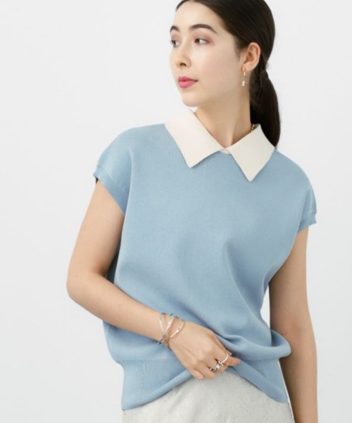 saloon（サルーン）の「SALOON(サルーン)/《再入荷》襟付きGLDボタンフレンチスリーブニット【手洗い可】（ニット/セーター・レディース・ブラック/ネイビー/ライトブルー/その他/オレンジ・FREE）」の3枚目の写真