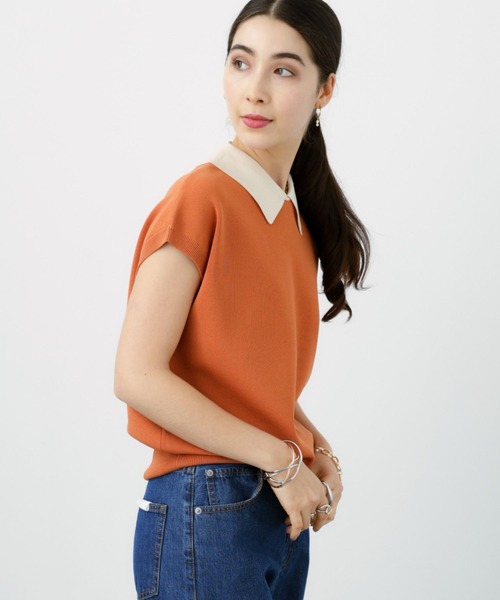 saloon（サルーン）の「SALOON(サルーン)/《再入荷》襟付きGLDボタンフレンチスリーブニット【手洗い可】（ニット/セーター・レディース・ブラック/ネイビー/ライトブルー/その他/オレンジ・FREE）」の8枚目の写真