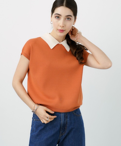 saloon（サルーン）の「SALOON(サルーン)/《再入荷》襟付きGLDボタンフレンチスリーブニット【手洗い可】（ニット/セーター・レディース・ブラック/ネイビー/ライトブルー/その他/オレンジ・FREE）」の13枚目の写真