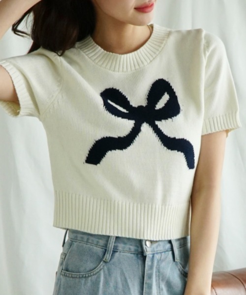 Jasmine Grandiflorum(ジャスミングランディフローラム)の「【Jasmine】ハーフスリーブリボンニットプルオーバー (SS)(ニット/セーター・レディース・グレー/ブルー/ベージュ/ピンク/レッド/ネイビー・FREE)」の3枚目の写真