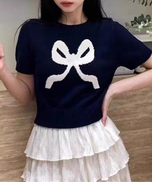 Jasmine Grandiflorum(ジャスミングランディフローラム)の「【Jasmine】ハーフスリーブリボンニットプルオーバー (SS)(ニット/セーター・レディース・グレー/ブルー/ベージュ/ピンク/レッド/ネイビー・FREE)」の4枚目の写真