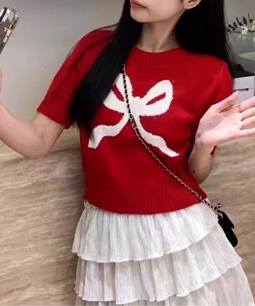 Jasmine Grandiflorum(ジャスミングランディフローラム)の「【Jasmine】ハーフスリーブリボンニットプルオーバー (SS)(ニット/セーター・レディース・グレー/ブルー/ベージュ/ピンク/レッド/ネイビー・FREE)」の6枚目の写真