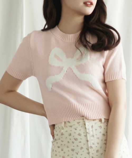 Jasmine Grandiflorum(ジャスミングランディフローラム)の「【Jasmine】ハーフスリーブリボンニットプルオーバー (SS)(ニット/セーター・レディース・グレー/ブルー/ベージュ/ピンク/レッド/ネイビー・FREE)」の1枚目の写真