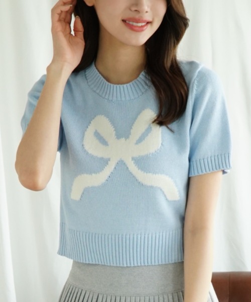 Jasmine Grandiflorum(ジャスミングランディフローラム)の「【Jasmine】ハーフスリーブリボンニットプルオーバー (SS)(ニット/セーター・レディース・グレー/ブルー/ベージュ/ピンク/レッド/ネイビー・FREE)」の5枚目の写真