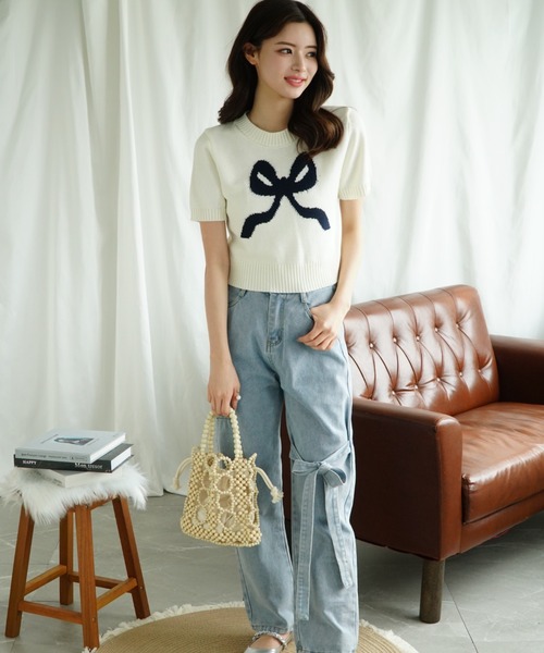 Jasmine Grandiflorum(ジャスミングランディフローラム)の「【Jasmine】ハーフスリーブリボンニットプルオーバー (SS)(ニット/セーター・レディース・グレー/ブルー/ベージュ/ピンク/レッド/ネイビー・FREE)」の12枚目の写真