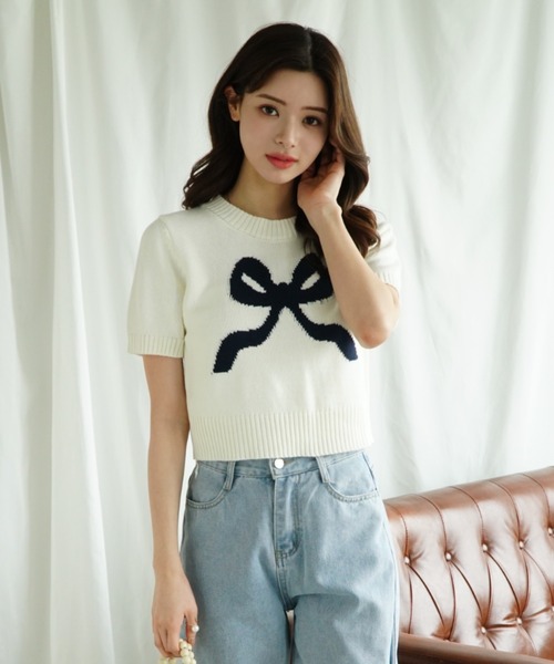 Jasmine Grandiflorum(ジャスミングランディフローラム)の「【Jasmine】ハーフスリーブリボンニットプルオーバー (SS)(ニット/セーター・レディース・グレー/ブルー/ベージュ/ピンク/レッド/ネイビー・FREE)」の14枚目の写真