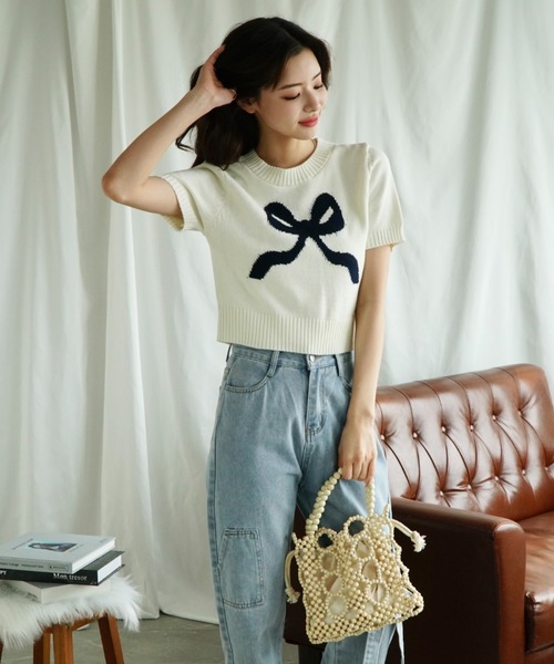 Jasmine Grandiflorum(ジャスミングランディフローラム)の「【Jasmine】ハーフスリーブリボンニットプルオーバー (SS)(ニット/セーター・レディース・グレー/ブルー/ベージュ/ピンク/レッド/ネイビー・FREE)」の13枚目の写真