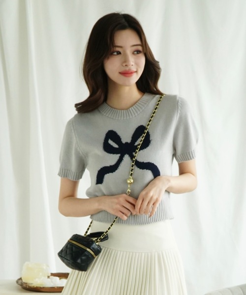 Jasmine Grandiflorum(ジャスミングランディフローラム)の「【Jasmine】ハーフスリーブリボンニットプルオーバー (SS)(ニット/セーター・レディース・グレー/ブルー/ベージュ/ピンク/レッド/ネイビー・FREE)」の8枚目の写真