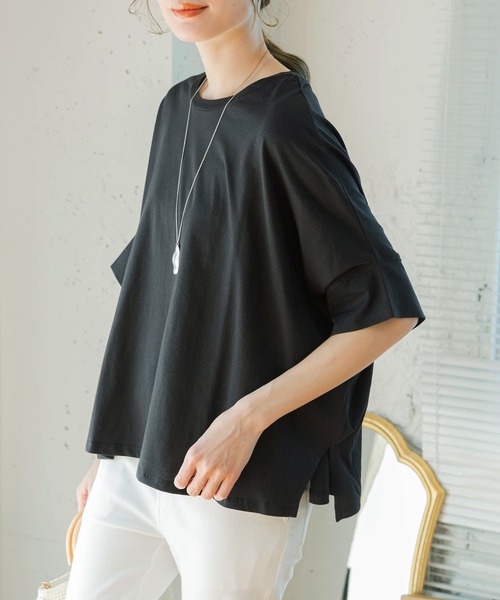 ドルマンTシャツトップスドルマンスリーブカットソーtシャツ半袖プルオーバー体型カバー二の腕カバー綿100