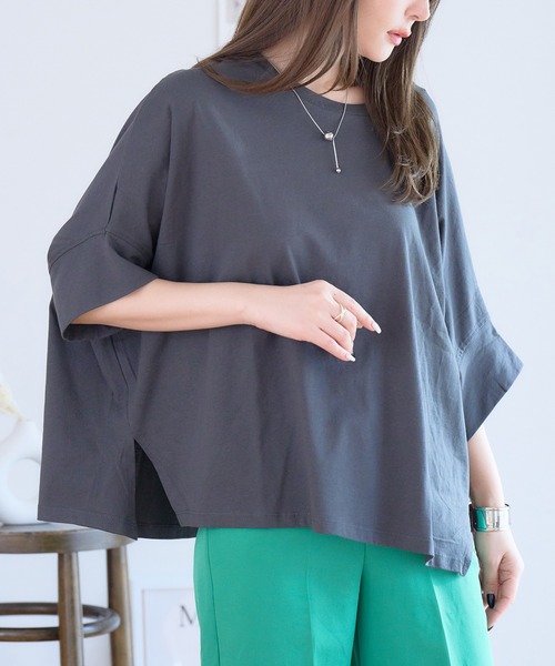 ドルマンTシャツトップスドルマンスリーブカットソーtシャツ半袖プルオーバー体型カバー二の腕カバー綿100