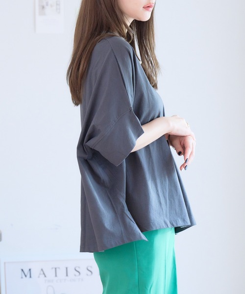 ドルマンTシャツトップスドルマンスリーブカットソーtシャツ半袖プルオーバー体型カバー二の腕カバー綿100