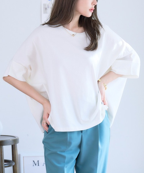 ドルマンTシャツトップスドルマンスリーブカットソーtシャツ半袖プルオーバー体型カバー二の腕カバー綿100