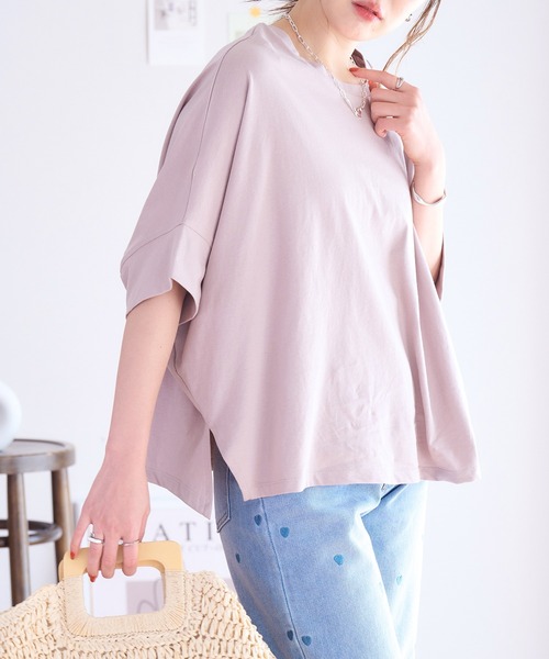 anown（アノン）の「ドルマンTシャツ トップス ドルマンスリーブ カットソー tシャツ 半袖 プルオーバー 体型カバー 二の腕カバー 綿100（Tシャツ/カットソー・レディース・ブラック/オフホワイト/イエロー/チャコール/ピンク・M）」の18枚目の写真