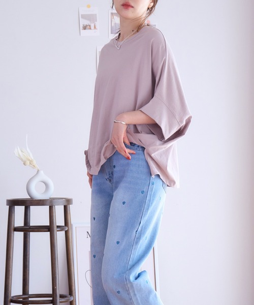 anown（アノン）の「ドルマンTシャツ トップス ドルマンスリーブ カットソー tシャツ 半袖 プルオーバー 体型カバー 二の腕カバー 綿100（Tシャツ/カットソー・レディース・ブラック/オフホワイト/イエロー/チャコール/ピンク・M）」の16枚目の写真