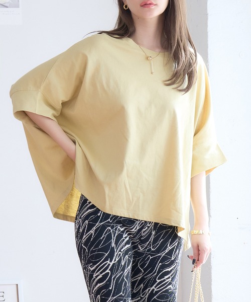 anown（アノン）の「ドルマンTシャツ トップス ドルマンスリーブ カットソー tシャツ 半袖 プルオーバー 体型カバー 二の腕カバー 綿100（Tシャツ/カットソー・レディース・ブラック/オフホワイト/イエロー/チャコール/ピンク・M）」の14枚目の写真