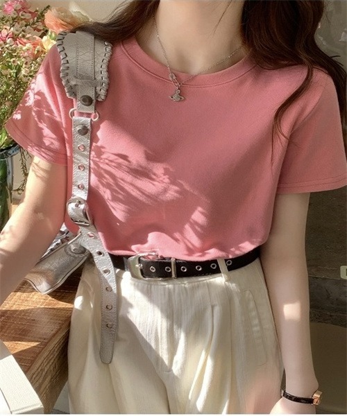FREE STYLISTS（フリー スタイリスト）の「ショート丈半袖Tシャツ（Tシャツ/カットソー・レディース・パープル/ブラック/ブルー/オレンジ/ホワイト/グリーン/ライトピンク/ピンク系その他・L/M）」の6枚目の写真