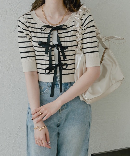 Ambre Neige(アンブルネージュ)の「2way short ribbon knit / 2wayショートリボンニット(Tシャツ/カットソー・レディース・アイボリー/ホワイト系その他・FREE)」の10枚目の写真