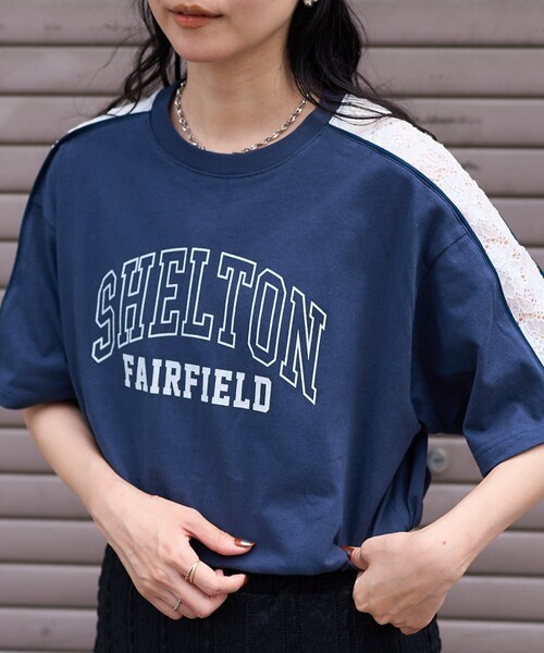 FREAK'S STORE(フリークスストア)の「レースドッキング ロゴTシャツ(Tシャツ/カットソー・レディース・チャコール/ナチュラル/ネイビー・フリ-)」の1枚目の写真