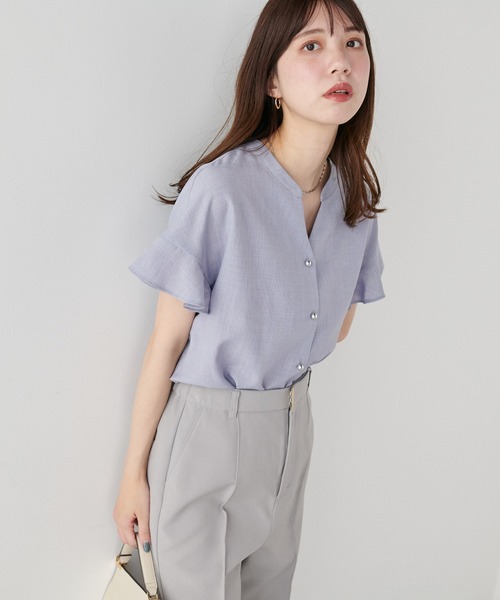 natural couture(ナチュラルクチュール)の「麻調合繊フリル袖ブラウス(シャツ/ブラウス・レディース・ブルー/ブラック/サックスブルー/ライトベージュ/ピンク・FREE)」の1枚目の写真