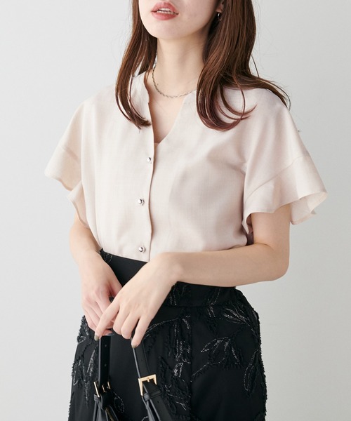 natural couture(ナチュラルクチュール)の「麻調合繊フリル袖ブラウス(シャツ/ブラウス・レディース・ブルー/ブラック/サックスブルー/ライトベージュ/ピンク・FREE)」の3枚目の写真