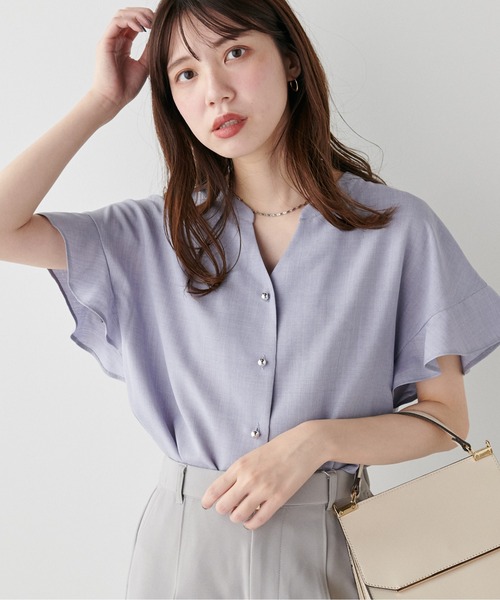natural couture(ナチュラルクチュール)の「麻調合繊フリル袖ブラウス(シャツ/ブラウス・レディース・ブルー/ブラック/サックスブルー/ライトベージュ/ピンク・FREE)」の16枚目の写真