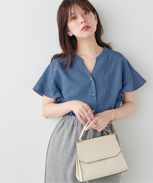 natural couture(ナチュラルクチュール)の「麻調合繊フリル袖ブラウス(シャツ/ブラウス・レディース・ブルー/ブラック/サックスブルー/ライトベージュ/ピンク・FREE)」の21枚目の写真