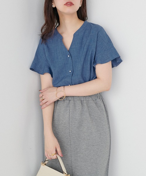 natural couture(ナチュラルクチュール)の「麻調合繊フリル袖ブラウス(シャツ/ブラウス・レディース・ブルー/ブラック/サックスブルー/ライトベージュ/ピンク・FREE)」の19枚目の写真