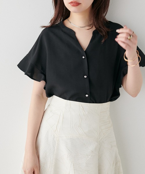 natural couture(ナチュラルクチュール)の「麻調合繊フリル袖ブラウス(シャツ/ブラウス・レディース・ブルー/ブラック/サックスブルー/ライトベージュ/ピンク・FREE)」の8枚目の写真