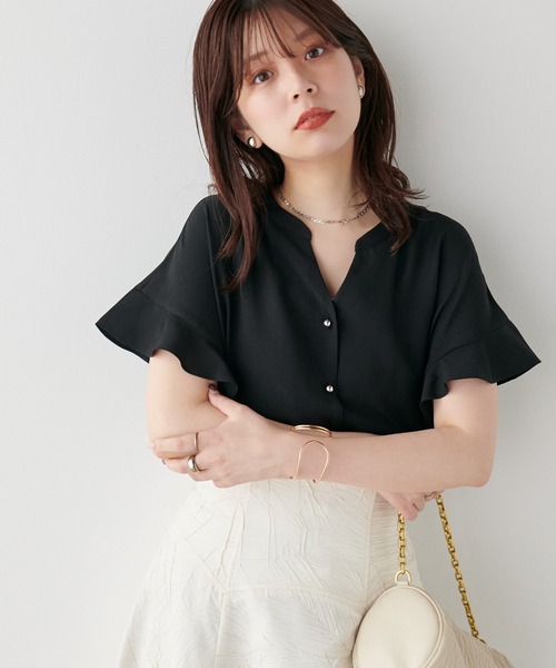 natural couture(ナチュラルクチュール)の「麻調合繊フリル袖ブラウス(シャツ/ブラウス・レディース・ブルー/ブラック/サックスブルー/ライトベージュ/ピンク・FREE)」の9枚目の写真