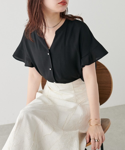 natural couture(ナチュラルクチュール)の「麻調合繊フリル袖ブラウス(シャツ/ブラウス・レディース・ブルー/ブラック/サックスブルー/ライトベージュ/ピンク・FREE)」の6枚目の写真