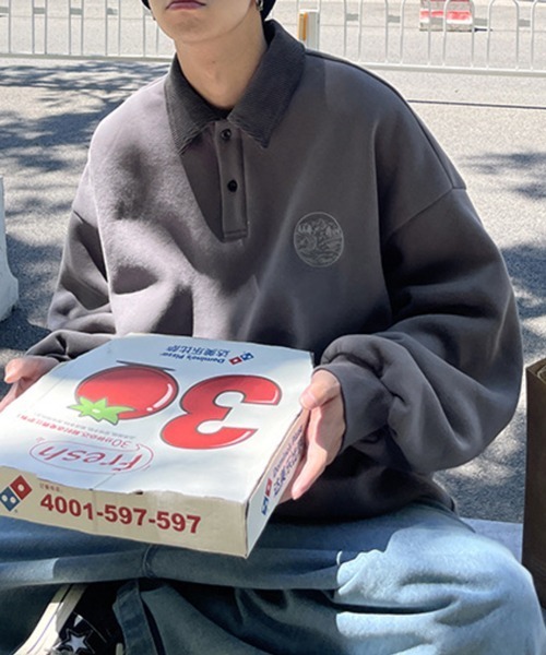 NOWLE（ノウル）の「【NOWLE】ワンポイント ハーフボタン プルオーバー 裏起毛 ポロ スウェット（スウェット・メンズ・グレー/ブラック/ベージュ・MEDIUM/LARGE/X-LARGE）」の4枚目の写真