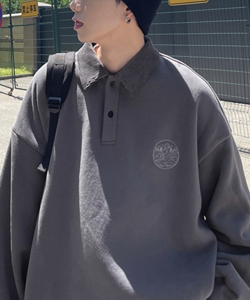 NOWLE（ノウル）の「【NOWLE】ワンポイント ハーフボタン プルオーバー 裏起毛 ポロ スウェット（スウェット・メンズ・グレー/ブラック/ベージュ・MEDIUM/LARGE/X-LARGE）」の8枚目の写真