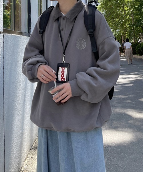 NOWLE（ノウル）の「【NOWLE】ワンポイント ハーフボタン プルオーバー 裏起毛 ポロ スウェット（スウェット・メンズ・グレー/ブラック/ベージュ・MEDIUM/LARGE/X-LARGE）」の11枚目の写真