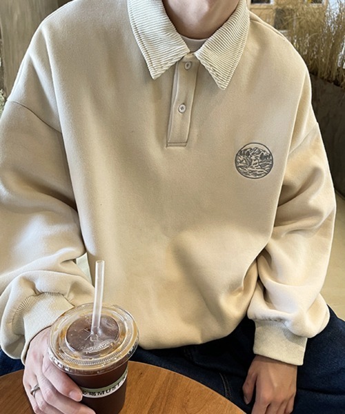 NOWLE（ノウル）の「【NOWLE】ワンポイント ハーフボタン プルオーバー 裏起毛 ポロ スウェット（スウェット・メンズ・グレー/ブラック/ベージュ・MEDIUM/LARGE/X-LARGE）」の14枚目の写真