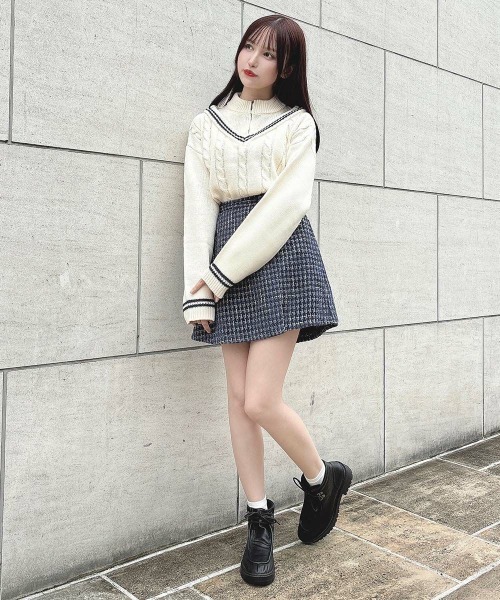 F i.n.t(フィント)の「レイヤード風ハーフジップケーブルニットプルオーバー/fint(ニット/セーター・レディース・グリーン/ベージュ/アイボリー・FREE)」の6枚目の写真