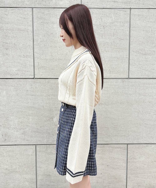 F i.n.t(フィント)の「レイヤード風ハーフジップケーブルニットプルオーバー/fint(ニット/セーター・レディース・グリーン/ベージュ/アイボリー・FREE)」の8枚目の写真