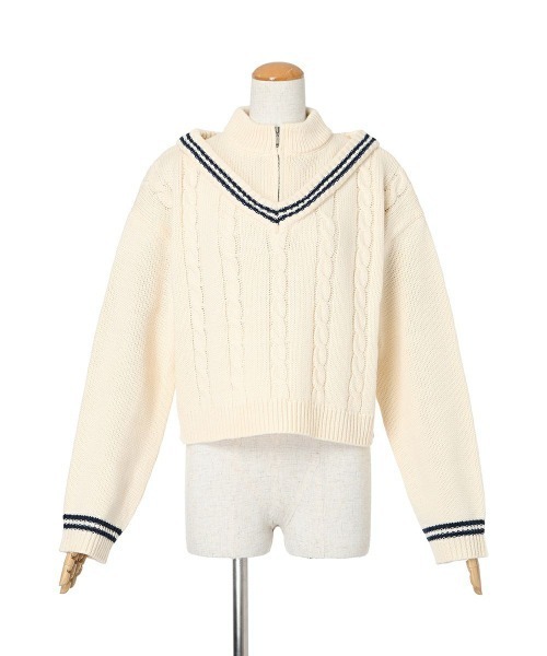 F i.n.t(フィント)の「レイヤード風ハーフジップケーブルニットプルオーバー/fint(ニット/セーター・レディース・グリーン/ベージュ/アイボリー・FREE)」の11枚目の写真