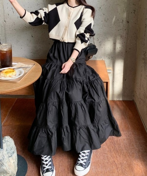 【セール】Aラインボリュウームティアードマキシスカート(スカート)|ECLIN(エクラン)