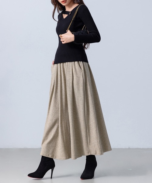 DAY CLOSET(デイ クローゼット)の「【ウエスト全周ゴム】スウェットライク フレア スムース ニット スカート レディース(スカート・レディース・ブラック/ベージュ/グレー・M/S/L)」の17枚目の写真