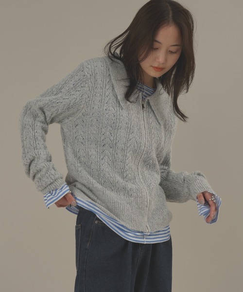 MERLOT（メルロー）の「ローゲージポロニットジップカーディガン（カーディガン/ボレロ・レディース・ピンク/グレー・FREE）」の2枚目の写真