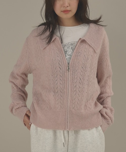 MERLOT（メルロー）の「ローゲージポロニットジップカーディガン（カーディガン/ボレロ・レディース・ピンク/グレー・FREE）」の18枚目の写真