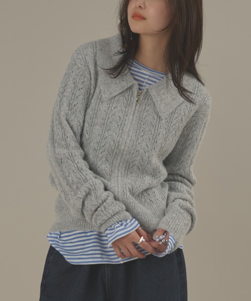 MERLOT（メルロー）の「ローゲージポロニットジップカーディガン（カーディガン/ボレロ・レディース・ピンク/グレー・FREE）」の11枚目の写真