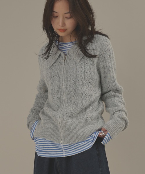 MERLOT（メルロー）の「ローゲージポロニットジップカーディガン（カーディガン/ボレロ・レディース・ピンク/グレー・FREE）」の10枚目の写真