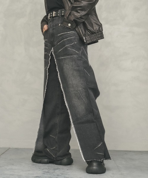 Shoowtime(ショウタイム)の「Vintage Wash Fringe Flap Drape Wide Straight Denim Pants / ビンテージウォッシュフリンジフラップドレープワイドストレートデニムパンツ(デニムパンツ・メンズ・ブルー系/ブラック系・X-LARGE/LARGE/MEDIUM)」の16枚目の写真