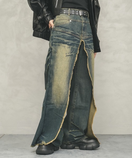 Shoowtime(ショウタイム)の「Vintage Wash Fringe Flap Drape Wide Straight Denim Pants / ビンテージウォッシュフリンジフラップドレープワイドストレートデニムパンツ(デニムパンツ・メンズ・ブルー系/ブラック系・X-LARGE/LARGE/MEDIUM)」の12枚目の写真