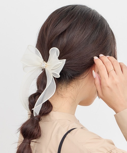 SALE♡ハンドメイド♡オーガンジーフリルポニークリップ② セール】ビジューダブルオーガンジーリボンフックポニー ヘアカフ