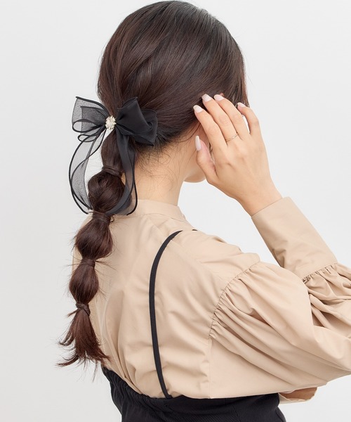 セール】ビジューダブルオーガンジーリボンフックポニー