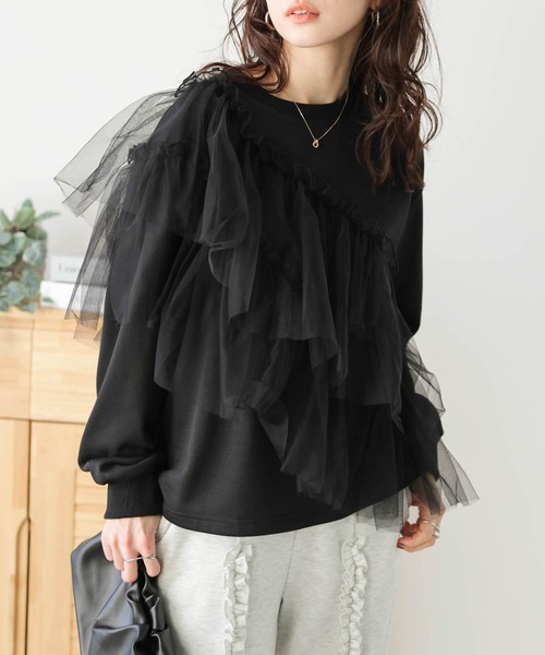 AMELY(エミリー)の「チュールドッキング プルオーバー(スウェット・レディース・オートミール/グレー/ブラック・フリー)」の1枚目の写真